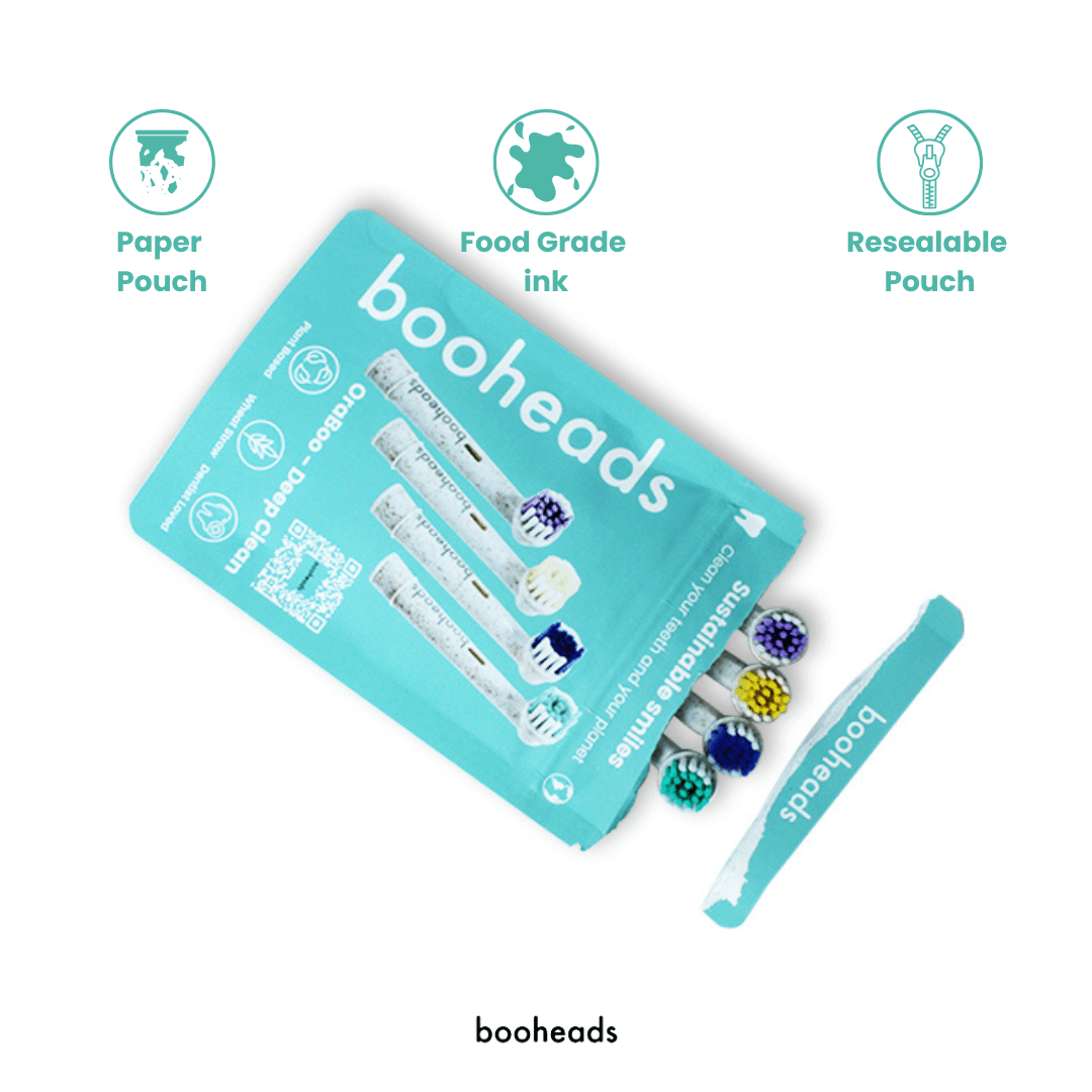 Plant Based Heads Compatible with OralB* + Bamboo Toothbrush Bundle packaging, featuring re-sealable paper pouch by booheads.