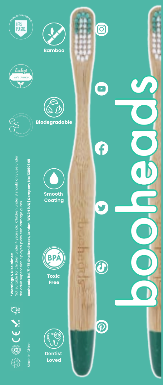 booheads - 1PK - Bamboo Toothbrushes - Green | Biodegradable, bamboo and plant-based