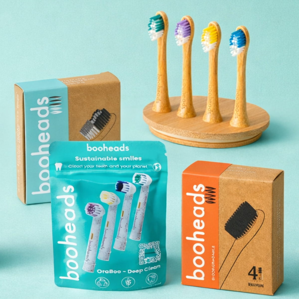 booheads bamboo and wheat straw electric toothbrush heads displayed with packaging on a teal background