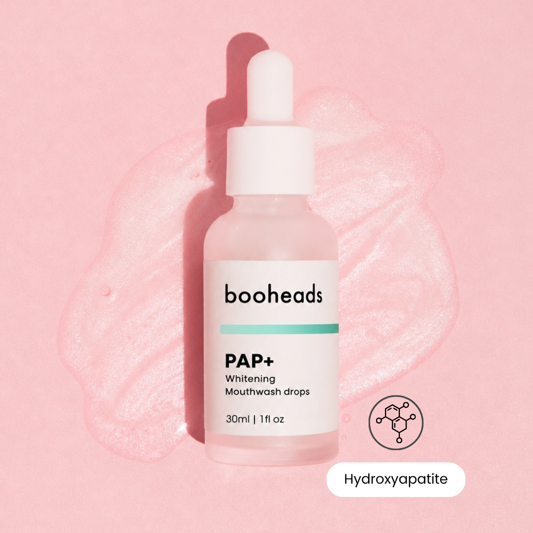 booheads Teeth Whitening collection — peroxide-free PAP+ whitening drops and whitening toothbrush heads