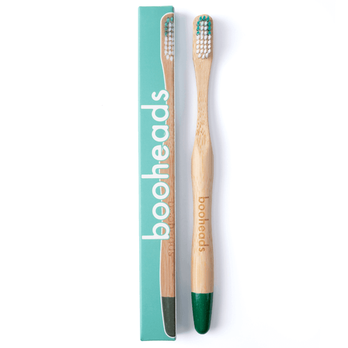 Two booheads bamboo toothbrushes with teal carton packaging