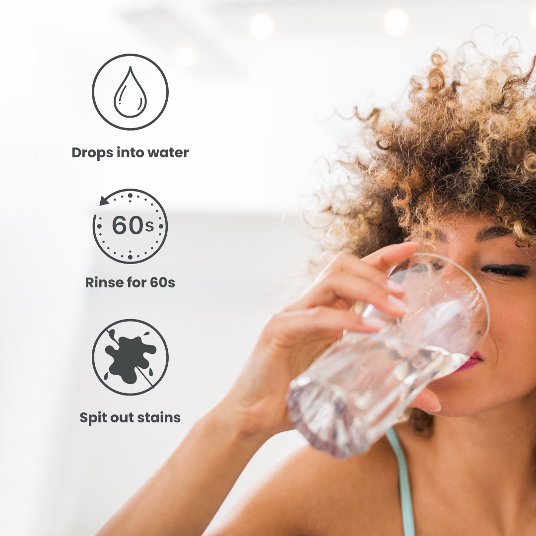 booheads PAP+ Whitening Mouthwash Drops lifestyle image with key benefit icons
