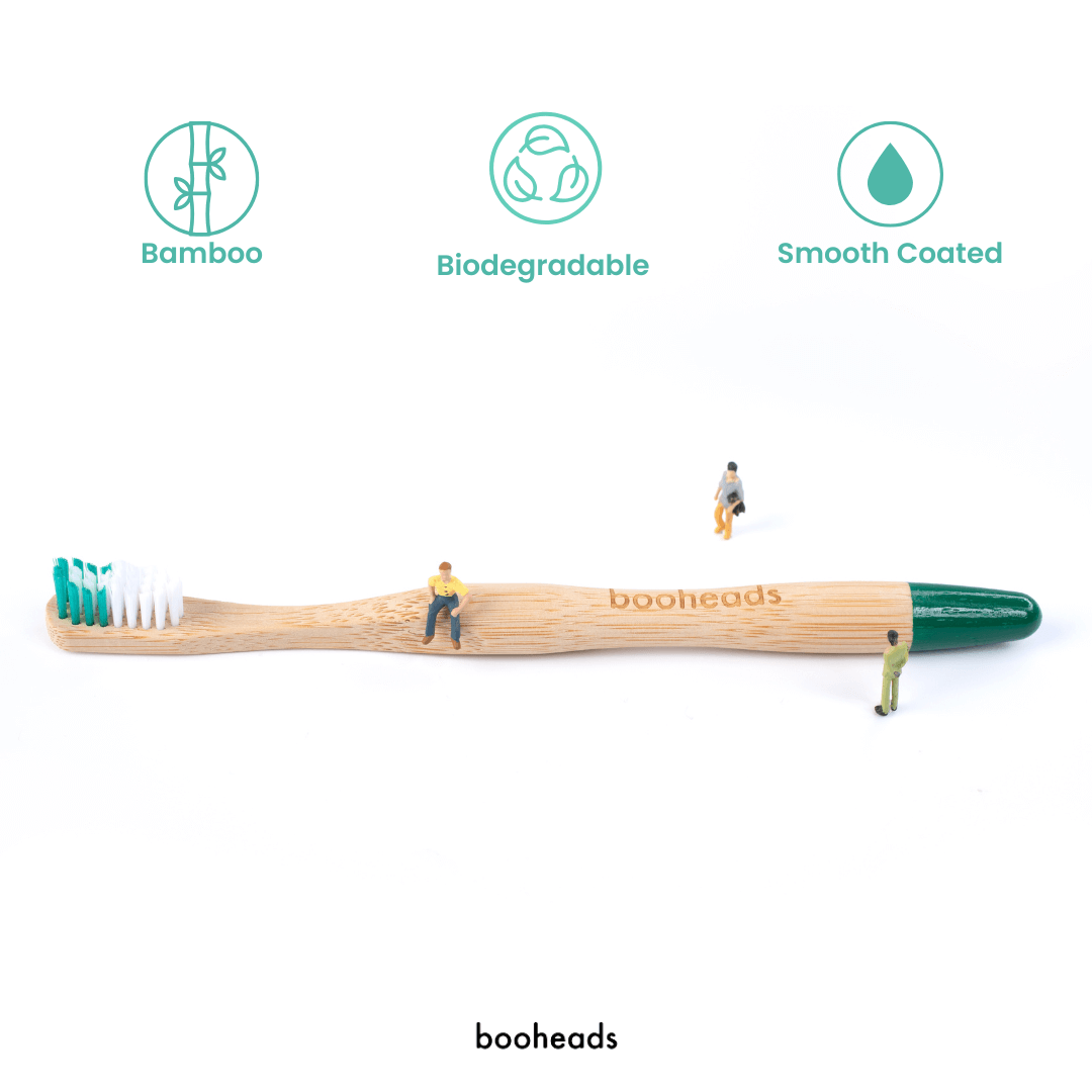 booheads bamboo toothbrush with bamboo, biodegradable and smooth-coated feature icons