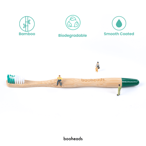 booheads bamboo toothbrush with bamboo, biodegradable and smooth-coated feature icons