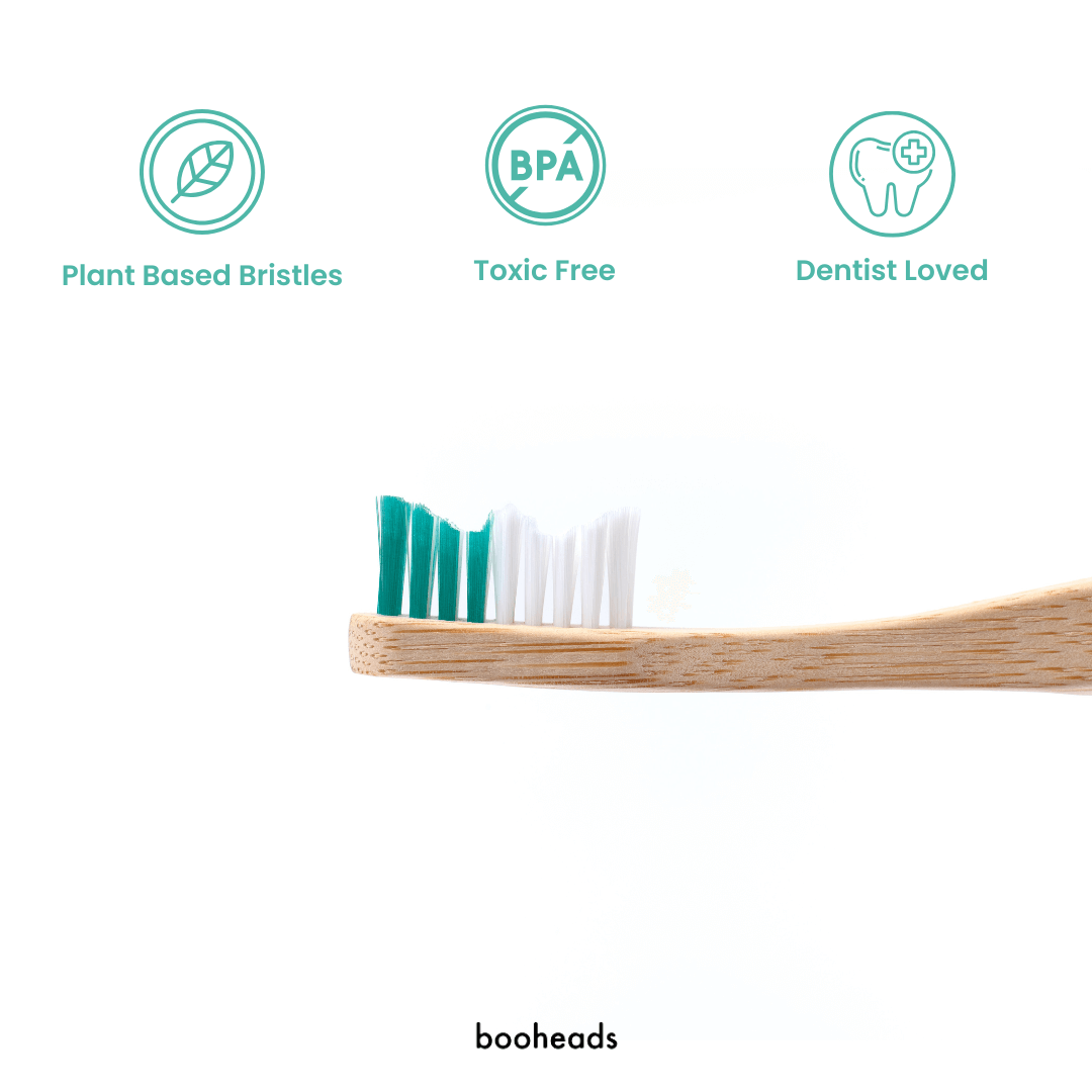 Bamboo toothbrush with green bristles on a white background, featuring icons and text about product features.