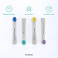 Four booheads toothbrush heads with colorful bristles on a white background, featuring icons and text indicating features.