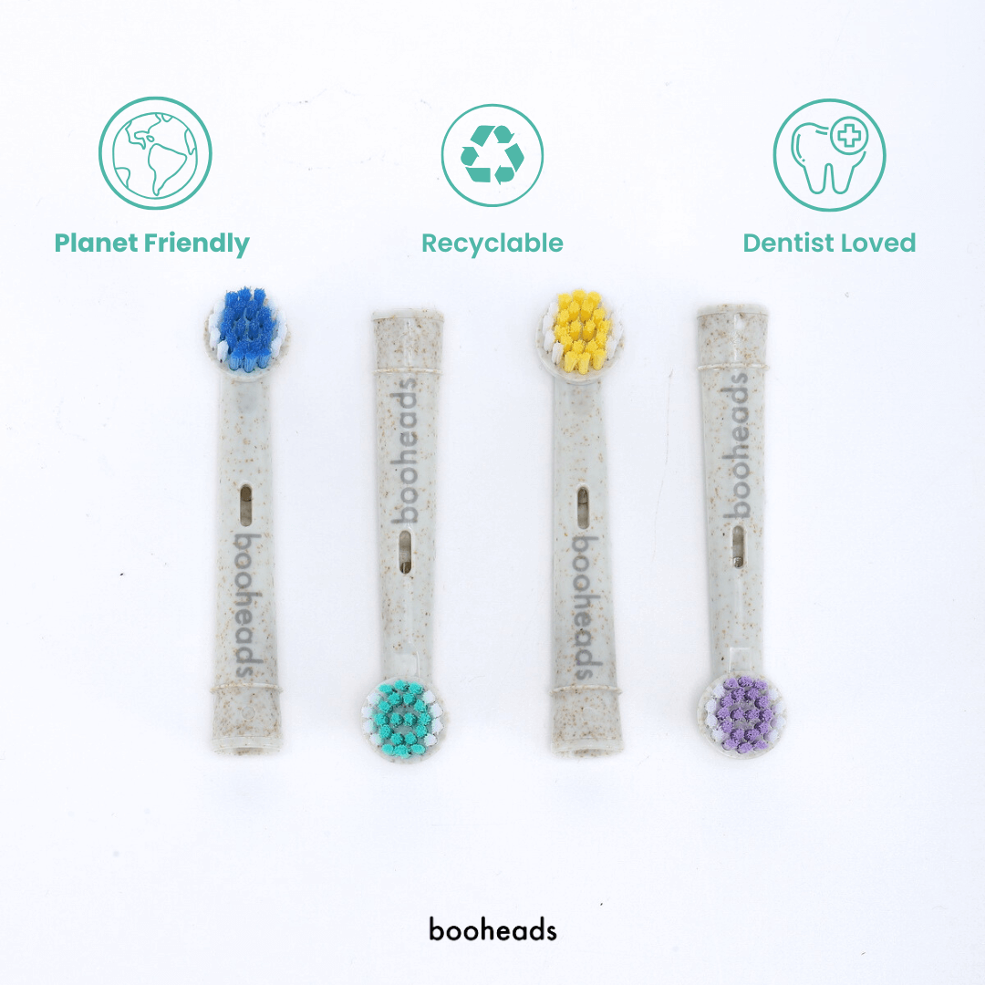 Four booheads wheat straw electric toothbrush heads compatible with OralB* with recyclable and dentist-loved icons