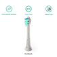 Toothbrush head with 'booheads' branding on a white background, featuring icons and text about product features.