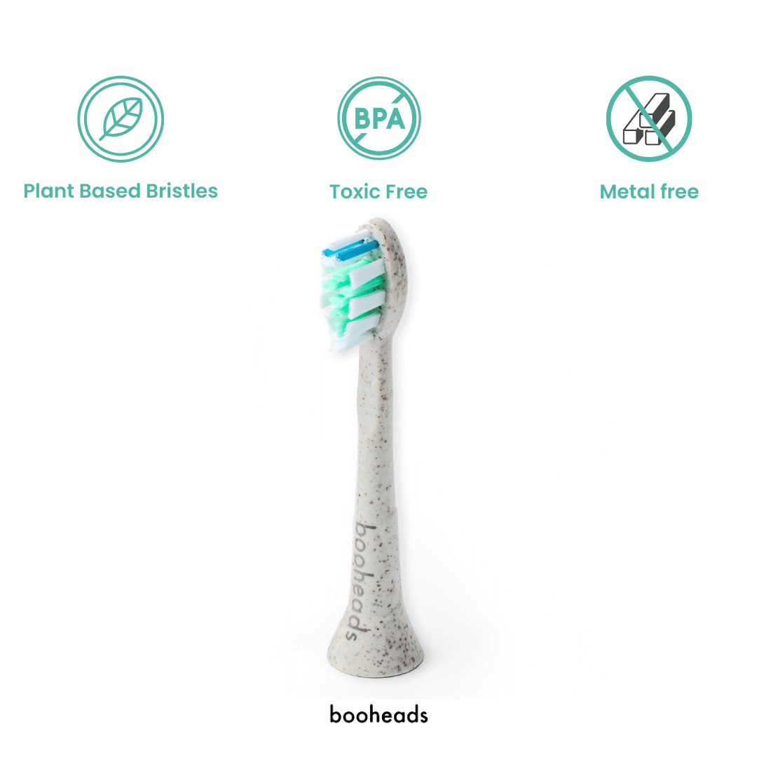 Toothbrush head with 'booheads' branding on a white background, featuring icons and text about product features.