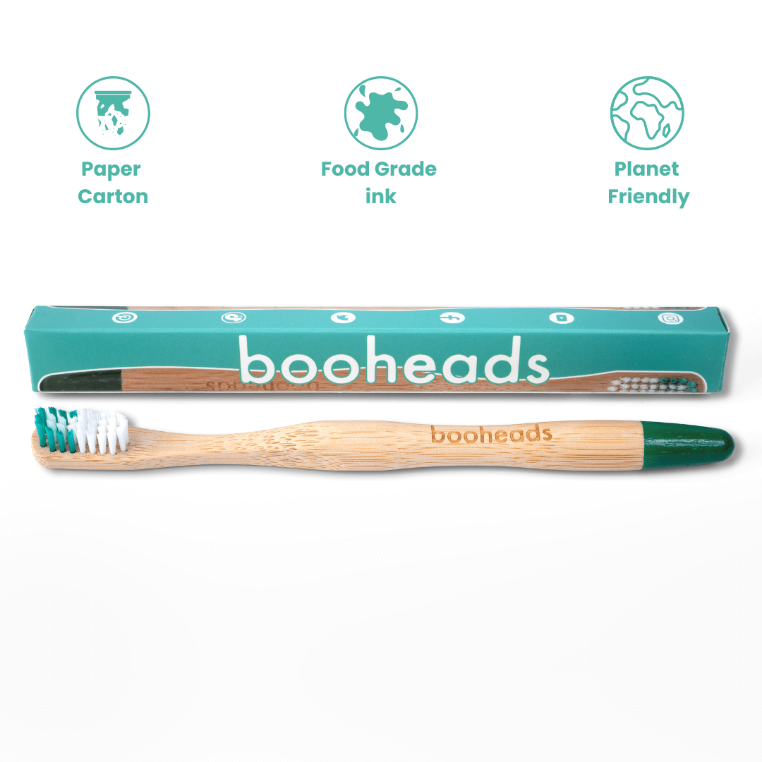 Booheads bamboo toothbrush with packaging on a white background