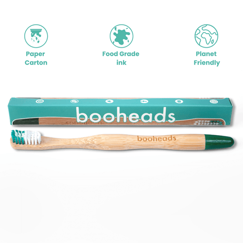 booheads bamboo toothbrush with teal carton packaging showing paper carton and food-grade ink icons