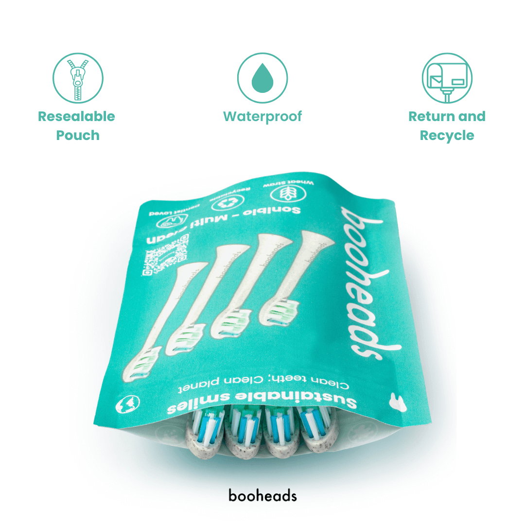 Packaged booheads with sustainability features on a white background