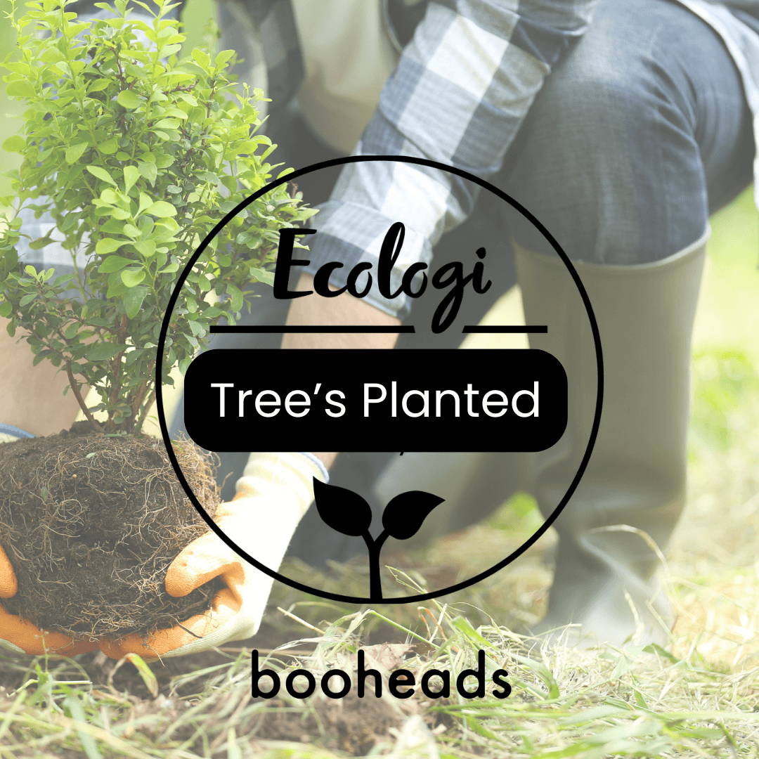 Person holding a potted plant with 'Ecologi' and 'booheads' branding overlay.