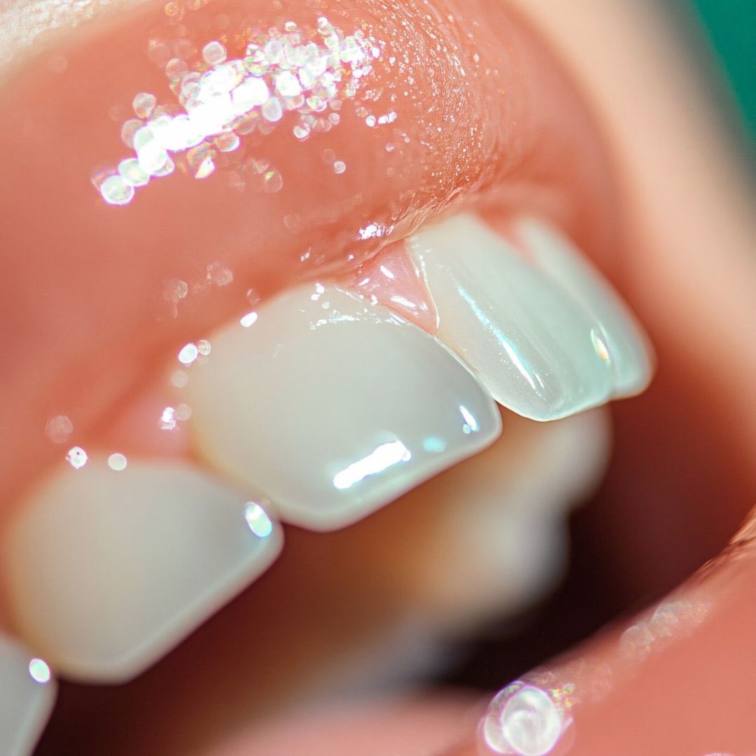 Close-up of a person's mouth with white teeth and pink lips.