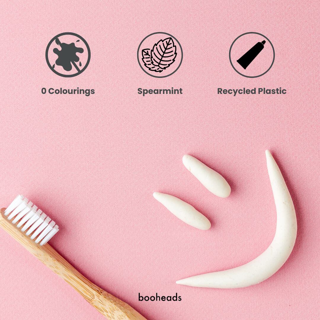 booheads spearmint toothpaste smile swatch on a pink background with 0 colourings, spearmint and recycled plastic icons