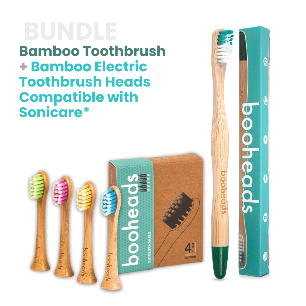 Bundle graphic: booheads bamboo toothbrush plus bamboo electric toothbrush heads compatible with Sonicare*