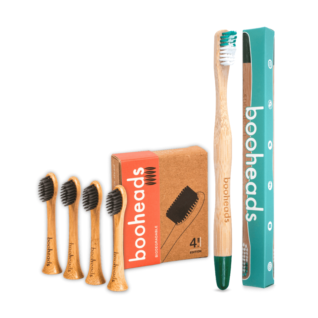 Charcoal Bamboo Heads Compatible with Sonicare* + Bamboo Toothbrush  Bundle by booheads with bamboo toothbrush and heads.