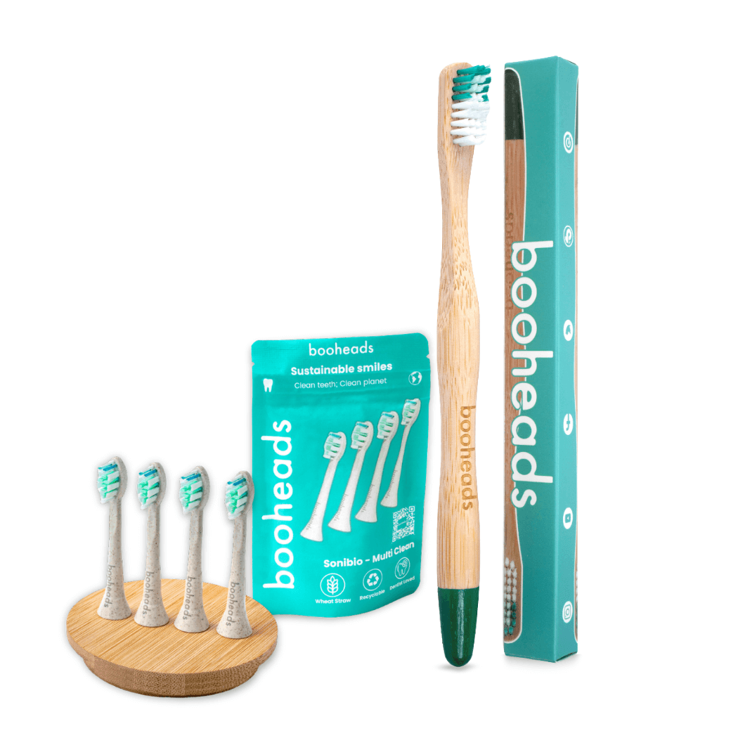 booheads plant-based Sonicare-compatible toothbrush heads with bamboo toothbrush bundle packaging