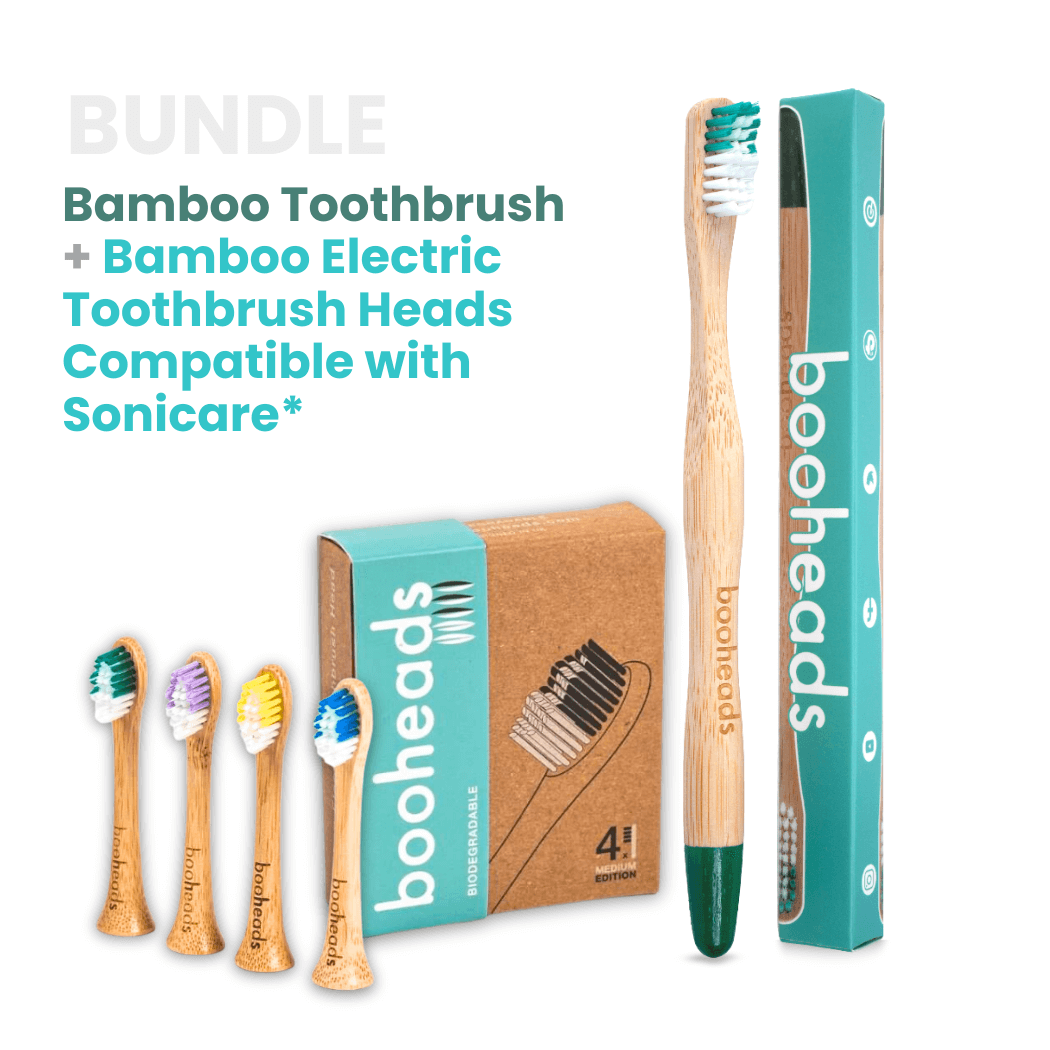 Bamboo toothbrush and electric toothbrush heads with packaging on a white background