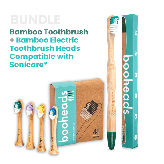 Bamboo toothbrush and electric toothbrush heads with packaging on a white background