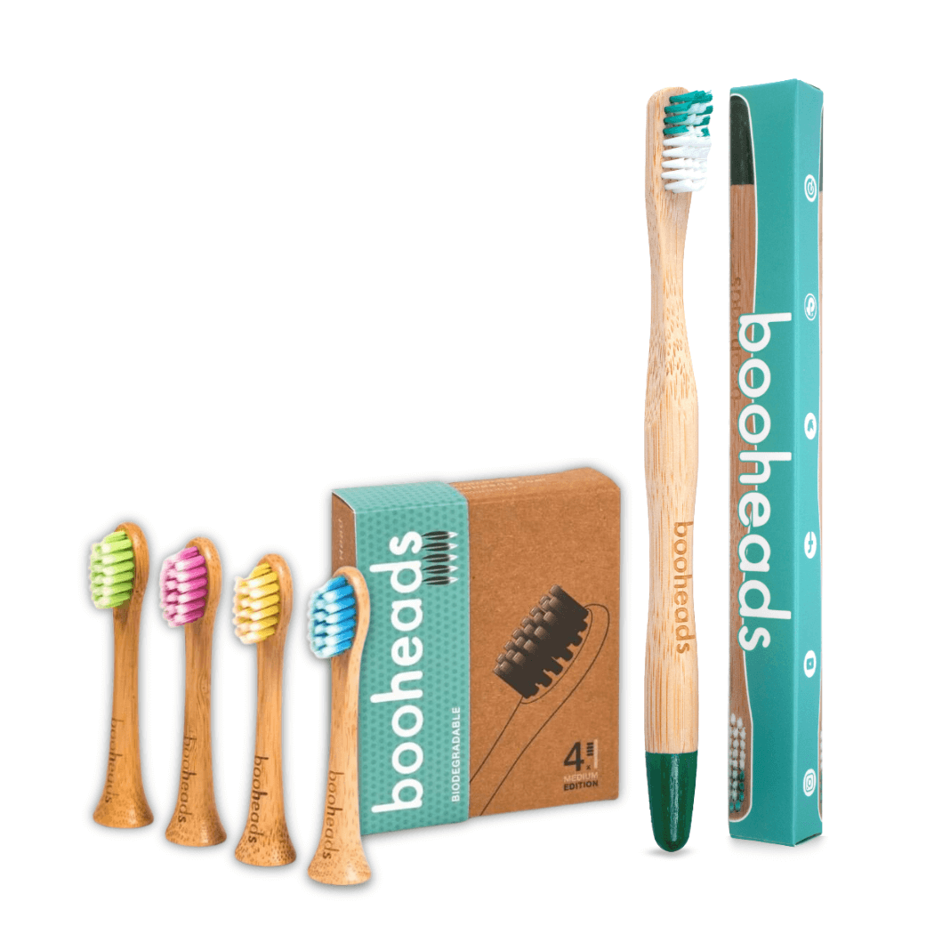 booheads bundle contents: bamboo toothbrush and bamboo electric toothbrush heads compatible with Sonicare* with kraft box