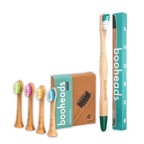 booheads bundle contents: bamboo toothbrush and bamboo electric toothbrush heads compatible with Sonicare* with kraft box