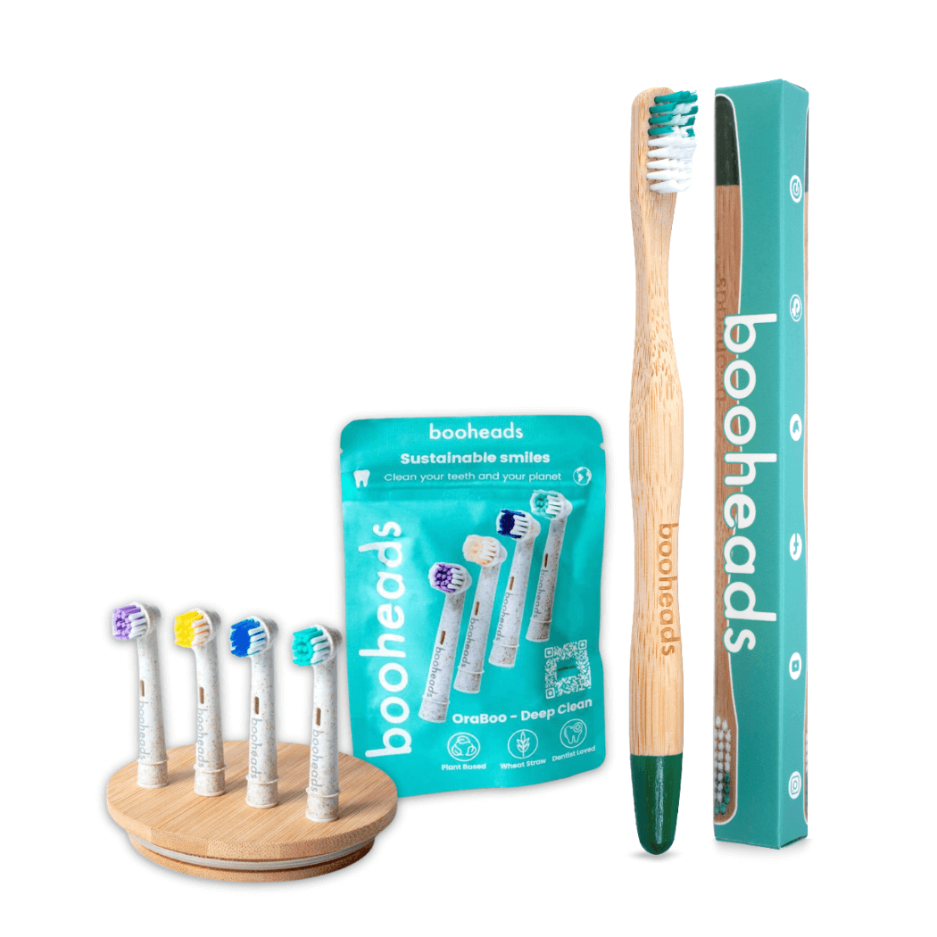 booheads bundle contents: bamboo toothbrush and OralB*-compatible electric toothbrush heads with resealable pouch