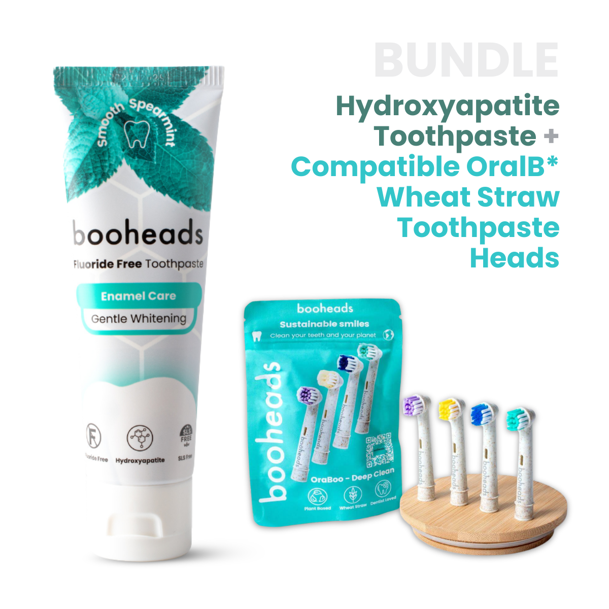 booheads hydroxyapatite toothpaste with plant-based Oral-B-compatible heads bundle