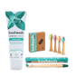 booheads dental care products including toothpaste, toothbrushes, and packaging on a white background