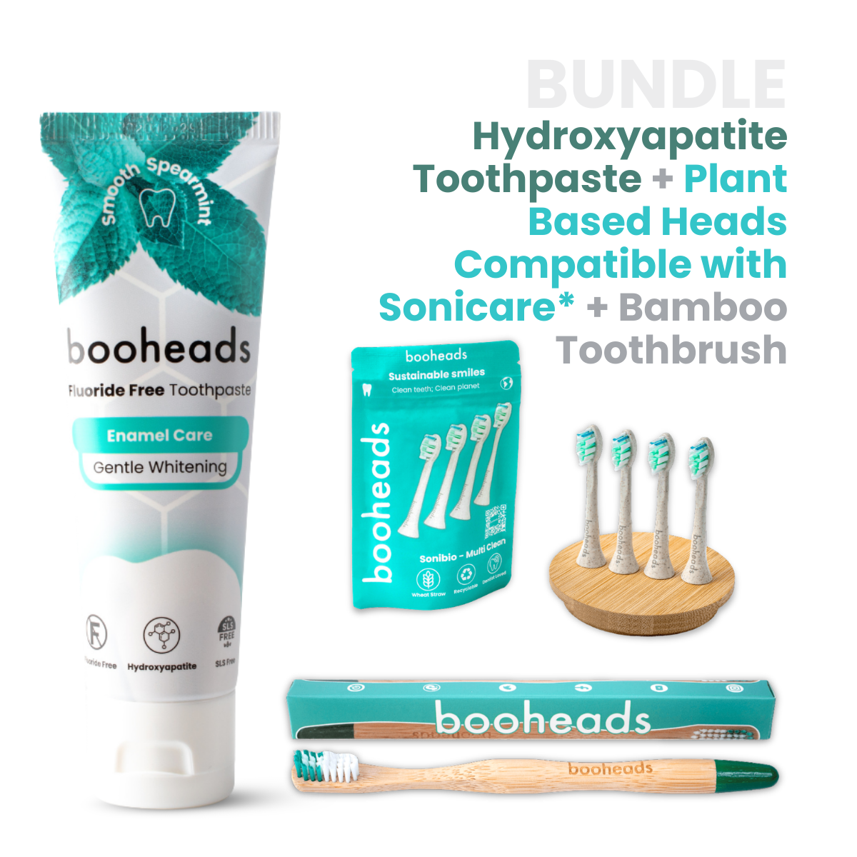 booheads hydroxyapatite toothpaste with plant-based Sonicare-compatible heads and bamboo toothbrush bundle
