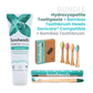 booheads toothpaste and bamboo toothbrush set with packaging on a white background