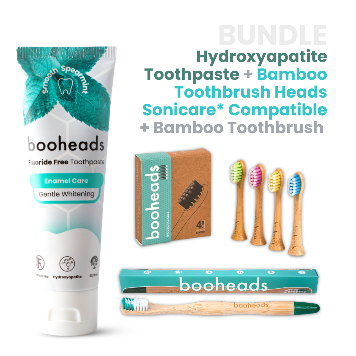 Hydroxyapatite Toothpaste + Plant Based Heads Compatible with Sonicare* + Bamboo Toothbrush  Bundle