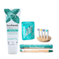 booheads dental care products including toothpaste, toothbrushes, and packaging on a white background