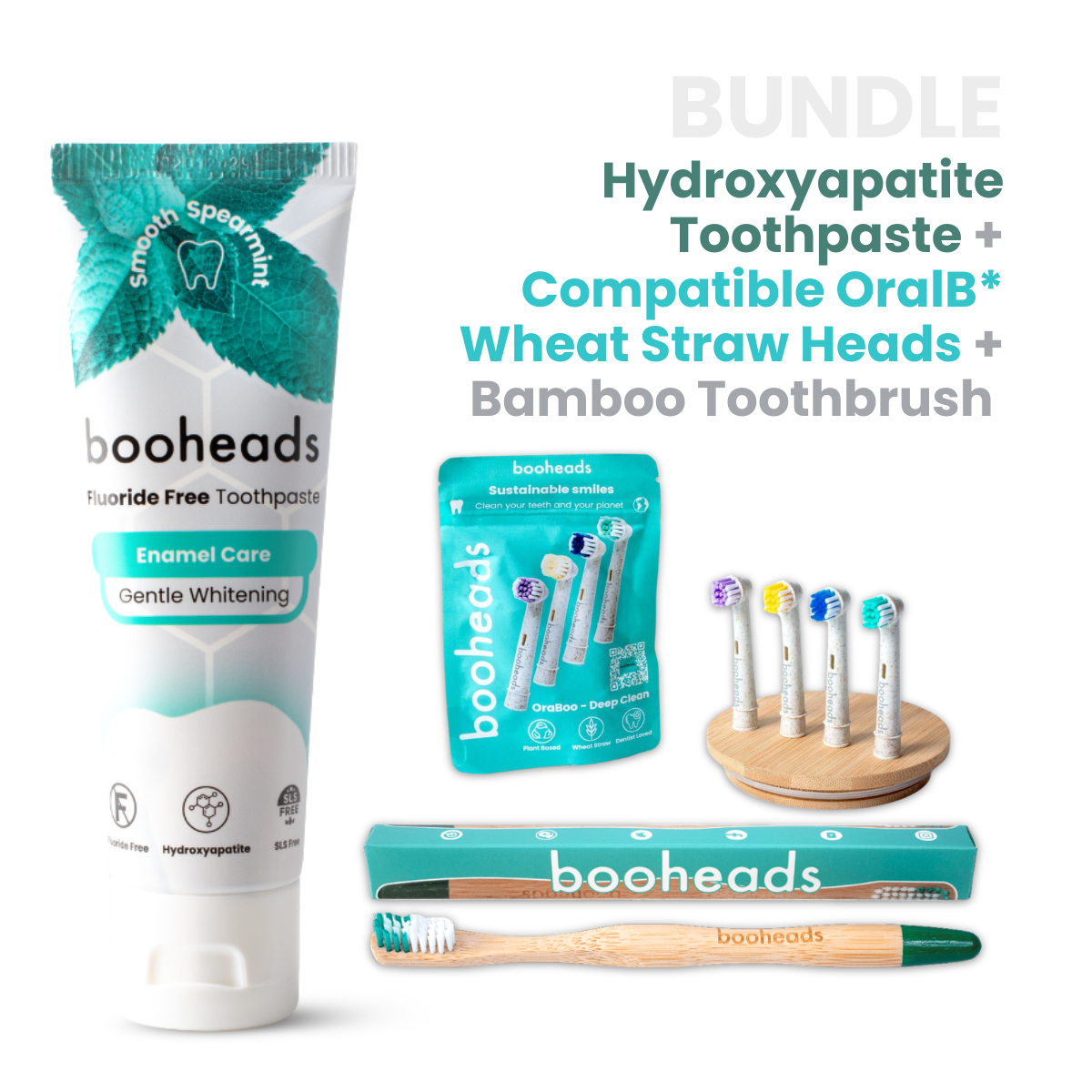 Hydroxyapatite Toothpaste + Plant Based Heads Compatible with OralB* + Bamboo Toothbrush  Bundle