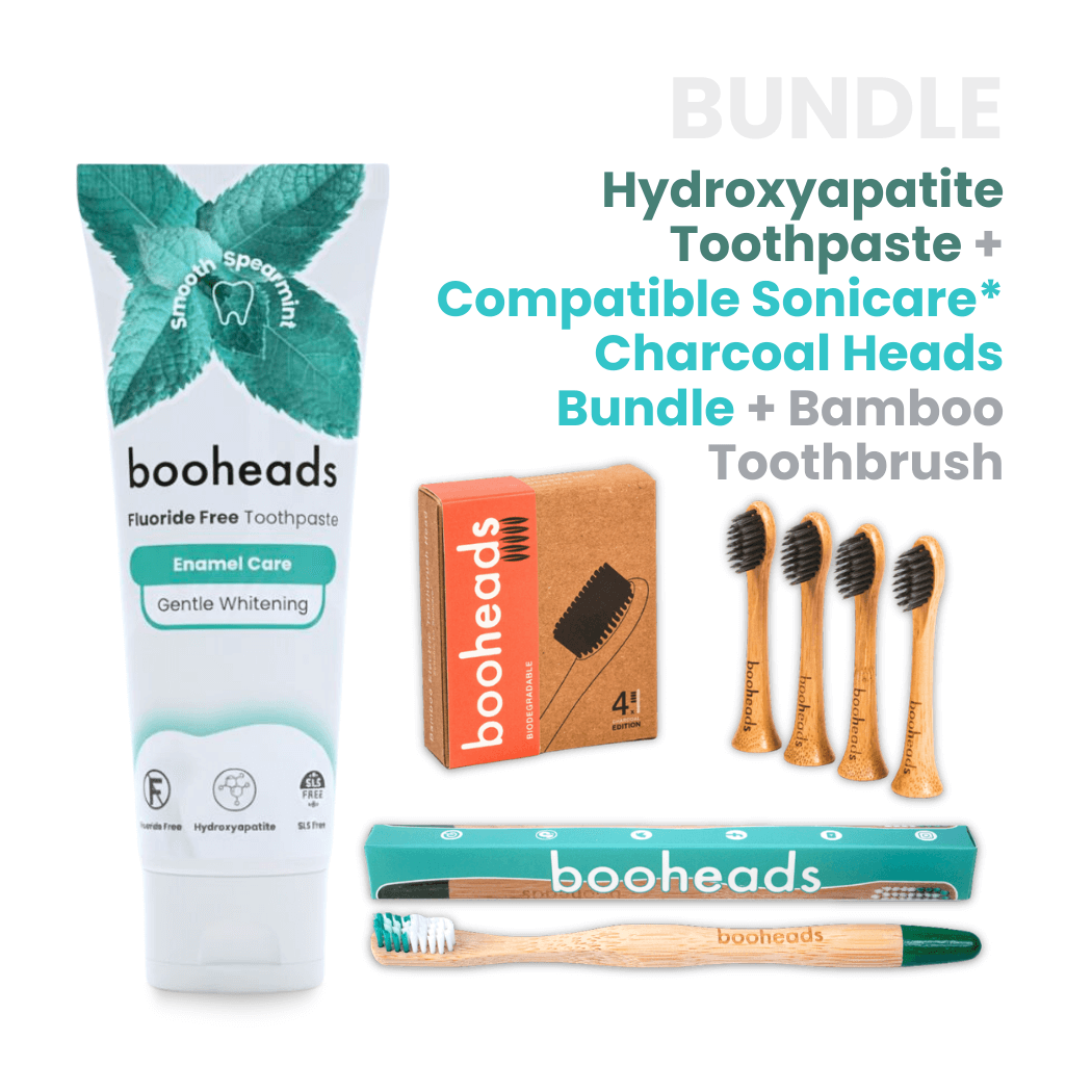 Hydroxyapatite Toothpaste + Charcoal Bamboo Heads Compatible with Sonicare* + Bamboo Toothbrush  Bundle