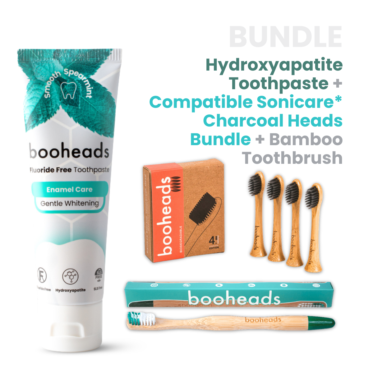 booheads hydroxyapatite toothpaste with charcoal Sonicare-compatible heads and bamboo toothbrush bundle