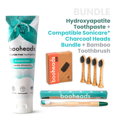 booheads hydroxyapatite toothpaste with charcoal Sonicare-compatible heads and bamboo toothbrush bundle