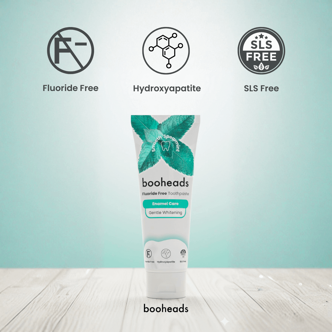 booheads toothpaste tube with product features on a light blue background