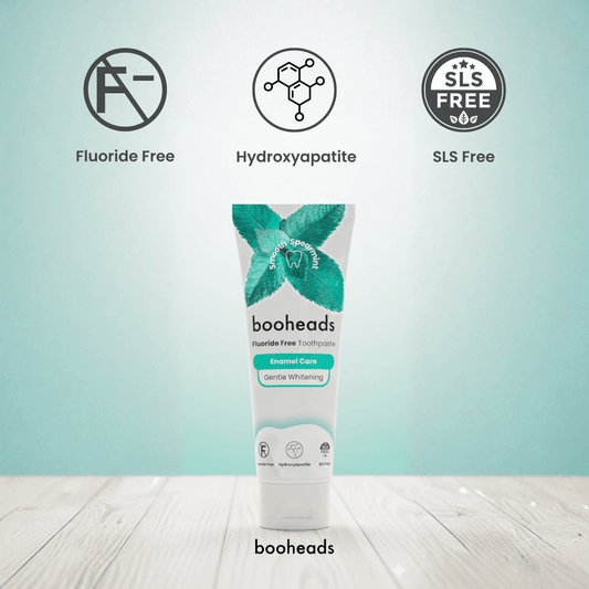booheads toothpaste tube with product features on a light blue background