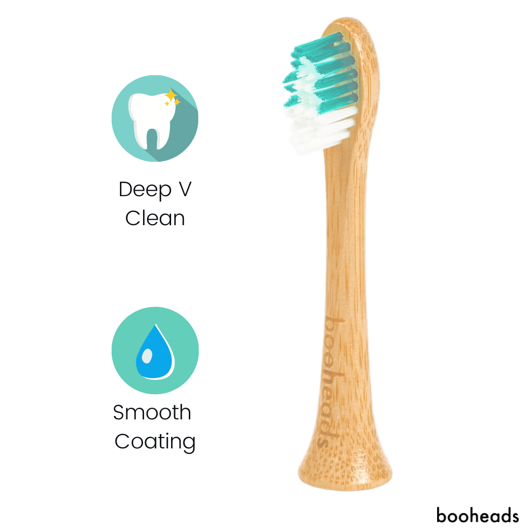 booheads bamboo electric toothbrush head with teal bristles showing Deep V Clean and Smooth Coating icons