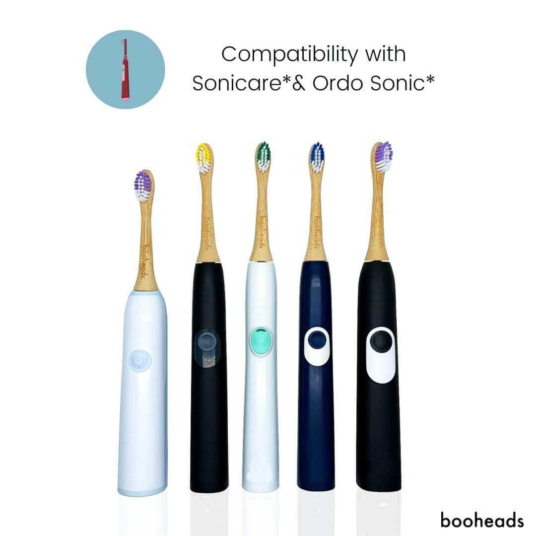 Five electric toothbrushes with compatibility text for Sonicare and Ordo Sonic on a white background.