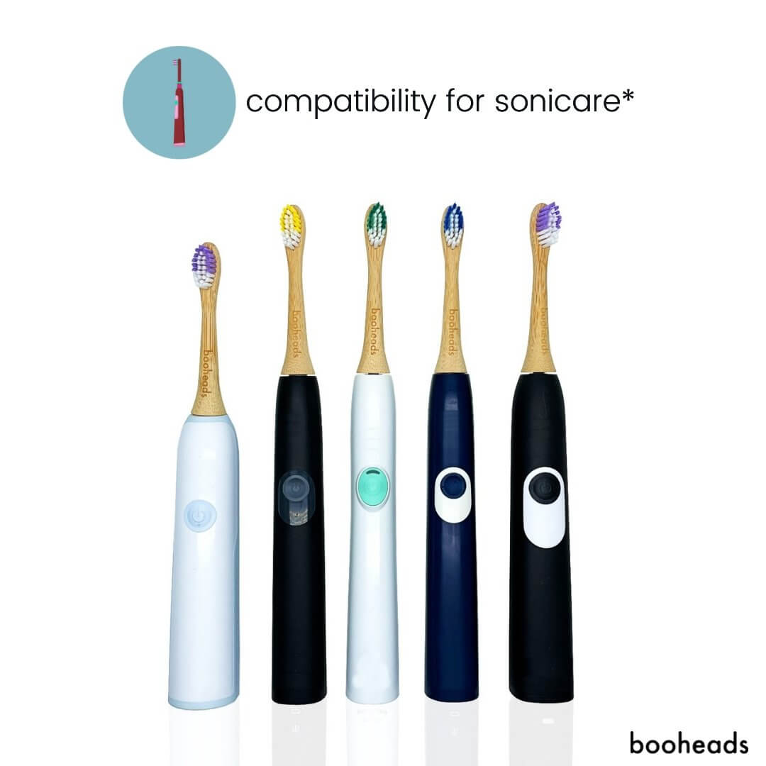 Set of five booheads electric toothbrushes with compatibility for Sonicare on a white background