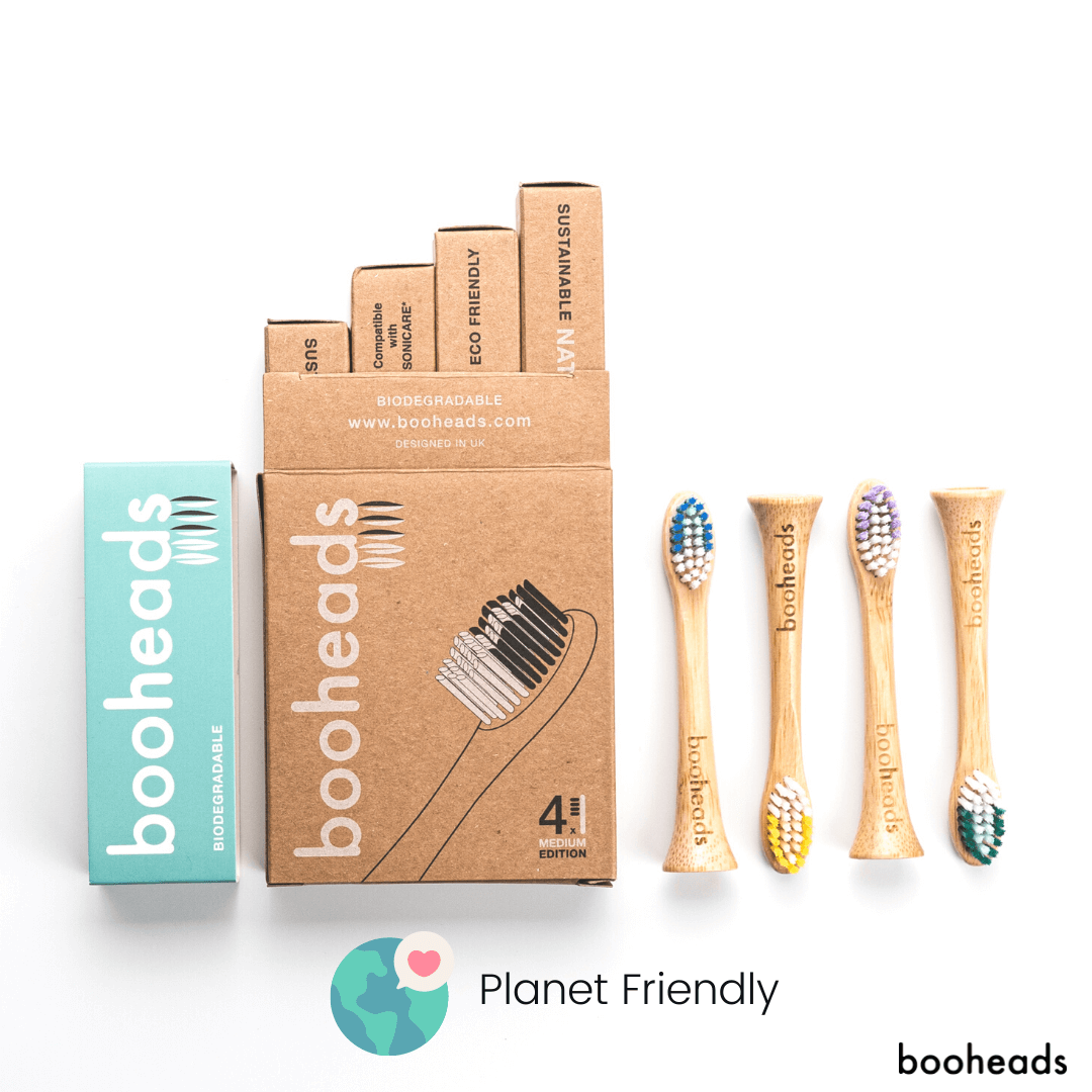 booheads toothbrush packaging and toothbrushes on a white background