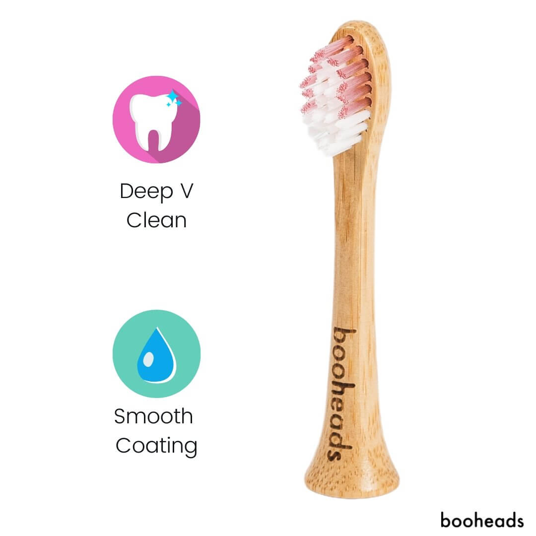 Wooden toothbrush with white bristles and 'booheads' branding on a white background.