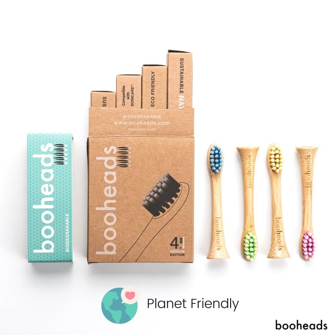 booheads bamboo electric toothbrush heads 4 pack multi-colour with kraft box packaging