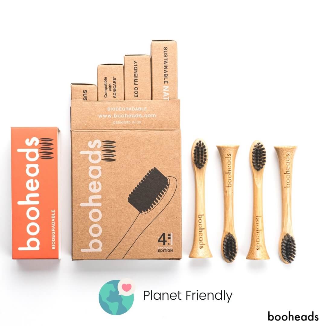 booheads charcoal bamboo electric toothbrush heads 4 pack with cardboard box packaging