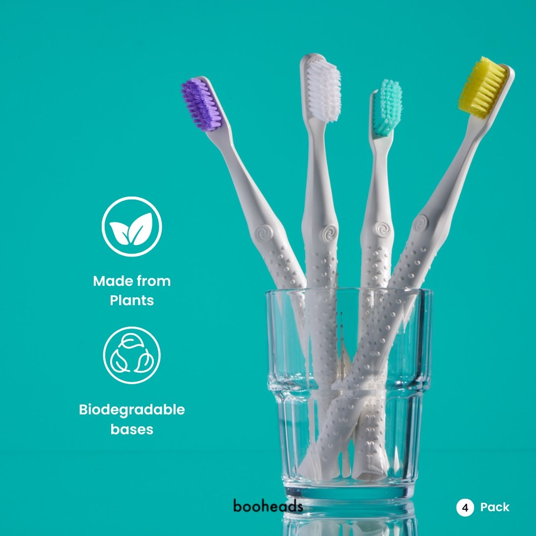 booheads - 4PK - Zero Waste Eco Toothbrushes | Biodegradable, Recyclable and Plant-based - booheads